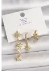 Pirinç Gold Renk Sallantı Zirkon Taşlı Zirkon Taşlı Kutup Yıldız Model 3Lü Kadın Kombin Küpe