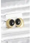 Pirinç Gold Renk Siyah Boncuklu Oval Vintage Kadın Küpe