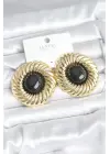 Pirinç Gold Renk Siyah Boncuklu Vintage Kadın Küpe