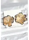 Çelik Gold Renk Siyah Mine Detaylı Lotus Kadın Küpe