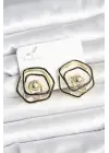 Çelik Gold Renk Siyah Mineli Geometrik Gül Model Kadın Küpe