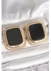 Pirinç Gold Renk Siyah Mineli Kare Model Kadın Küpe
