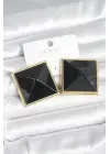 Pirinç Gold Renk Siyah Piramit Model Kadın Küpe