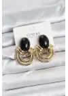 Pirinç Gold Renk Siyah Taşlı Vintage Kadın Küpe