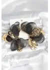 Çelik Gold Renk Siyah Tüllü Lotus Kadın Küpe