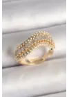 Pirinç Gold Renk Su Yolu Zirkon Taşlı Dalga Model Ayarlanabilir Kadın Yüzük