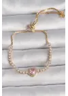 Pirinç Gold Renk Su Yolu Zirkon Taşlı Pembe Zirkon Taşlı Kalp Asansör Model Charm Kadın Bileklik