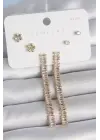 Pirinç Gold Renk Su Yolu Zirkon Taşlı Sallantı Model Çiçek Detay 925 Ayar Gümüş Çivi Kadın Küpe Seti