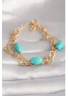 Pirinç Gold Renk Turkuaz Boncuk Çoklu Kadın Bileklik
