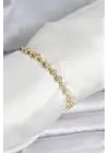 Çelik Gold Renk VIP Seri Sıralı Yonca Model Zirkon Taşlı Kadın Bileklik