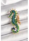 Çelik Gold Renk Yeşil Deniz Atı Model Zirkon Taş Detay Kadın Broş