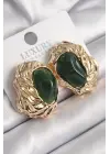  Altın Yeşil Oval İşleme Detay Vintage Çelik Küpe