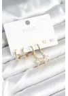 Pirinç Gold Renk Yıldız Model 925 Gümüş Çivili Kadın Küpe Seti