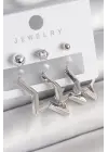 Gümüş Yıldız Model Zirkon Taşlı Topçuk Detay Çelik Küpe Seti