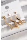  Altın Yıldız Model Zirkon Taşlı Topçuk Detay Çelik Küpe Seti
