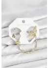 Çelik Gold Renk Yıldızlı Model Zincir Bağlantılı Ear Cuff Küpe Seti
