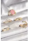  Altın Zirkon Taş Detaylı Pembe Mineli 6Lı Çelik Yüzük Seti