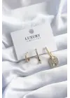 Pirinç Gold Renk Zirkon Taşlı 3lü Kadın Küpe Seti