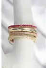 Pirinç Gold Renk Kırmızı Zirkon Taşlı 4Lü Kadın Yüzük