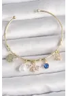 Pirinç Gold Renk Zirkon Taşlı Arı Figür İnci Detay Charm Kadın Bileklik