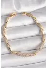 Pirinç Gold Renk Zirkon Taşlı Arpa Zincir Model Kadın Bileklik