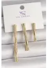 Pirinç Gold Renk Zirkon Taşlı Bambu Model 3Lü Kadın Kombin Küpe