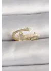  Altın Zirkon Taşlı Beyaz Mineli Yıldız Detaylı Ayarlanabilir Çelik Yüzük