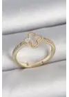 Pirinç Gold Renk Zirkon Taşlı Beyaz Mineli Yonca Model Ayarlanabilir Kadın Yüzük