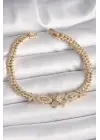 Pirinç Gold Renk Zirkon Taşlı Çiçek Figür Arpa Zincir Model Kadın Bileklik