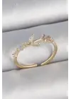 Pirinç Gold Renk Zirkon Taşlı Çiçek Model Ayarlanabilir Kadın Yüzük