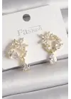 Altın Zirkon Taşlı Çiçek Model Sallantı Damla Detay Çelik Küpe