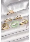  Altın Zirkon Taşlı Daire Pembe Mineli Detay 6Lı Çelik Yüzük Seti