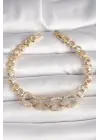 Pirinç Gold Renk Zirkon Taşlı Daire Zincir Model Kadın Bileklik