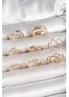 Pirinç Gold Renk Zirkon Taşlı Dalga Model Zincir Detay Kadın Yüzük Kombini