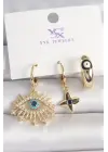 Pirinç Gold Renk Zirkon Taşlı Göz Figür Nazar Boncuk Detay 3Lü Kadın Kombin Küpe