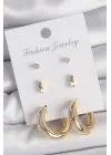 Pirinç Gold Renk Zirkon Taşlı Halka Model 3 Çift Kadın Küpe Seti