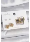 Pirinç Gold Renk Zirkon Taşlı Halka Model Burgu Detay 3 Çift Kadın Küpe Seti
