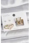 Pirinç Gold Renk Zirkon Taşlı Halka Model Kalp Detay 3 Çift Kadın Küpe Seti