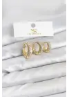 Çelik Gold Renk Zirkon Taşlı Halka Model YSX Trio Küpe Seti