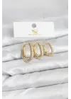 Çelik Gold Renk Zirkon Taşlı Halka Model YSX Trio Küpe Seti
