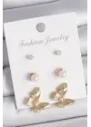 Pirinç Gold Renk Zirkon Taşlı İncili Kelebek Model 3 Çift Kadın Küpe Seti