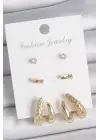 Pirinç Gold Renk Zirkon Taşlı İşlemeli Motif Model 3 Çift Kadın Küpe Seti