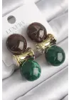  Altın Zirkon Taşlı Kahverengi Yeşil Doğal Taşlı Vintage Çelik Küpe