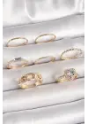 Pirinç Gold Renk Zirkon Taşlı Kalp Figür Düğüm Detay Kadın Yüzük Kombini