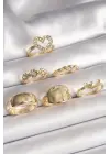  Altın Zirkon Taşlı Kalp Figür Kuş Detay 6Lı Çelik Yüzük Seti