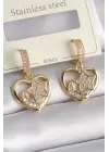  Altın Zirkon Taşlı Kalp Model Ay Yıldız İşleme Çelik Küpe