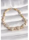 Pirinç Gold Renk Zirkon Taşlı Kalp Zincir Model Kadın Bileklik