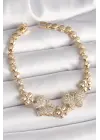 Pirinç Gold Renk Zirkon Taşlı Kelebek Figür Çiçek Zincir Model Kadın Bileklik