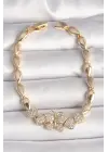 Çelik Gold Renk Zirkon Taşlı Kelebek Figür Damla Zincir Model Kadın Bileklik