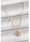 Pirinç Altın  Zirkon Taşlı Kelebek Model  Çelik Kolye